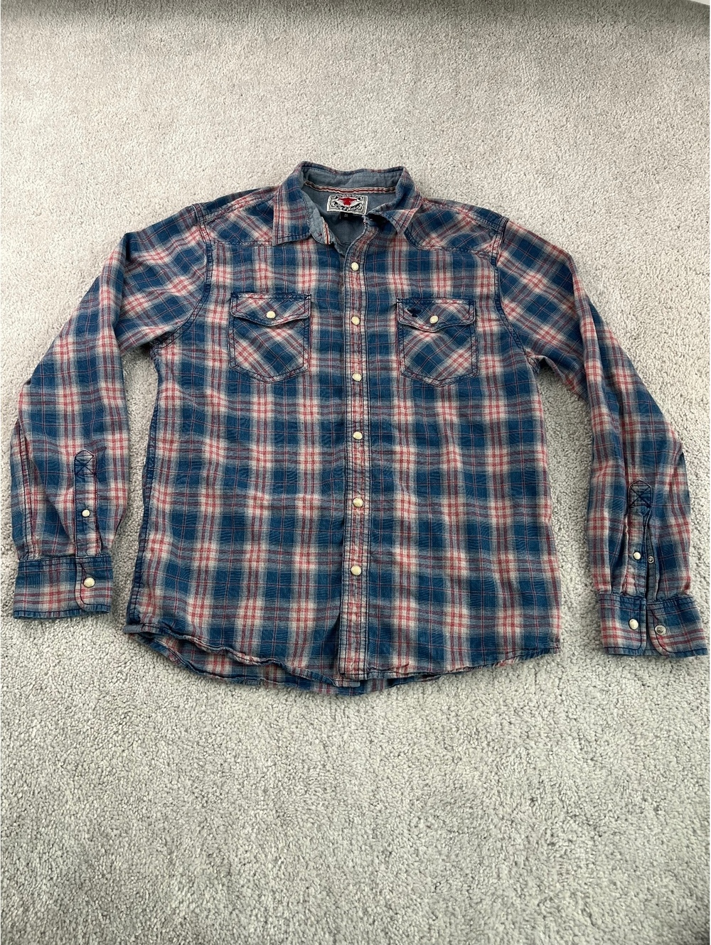 Desert Sun Supply Co Plaid Western Shirt Mens M Blue Red Long Sleeve Snap